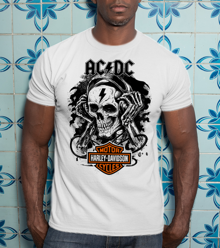 Acdc Harley Davidson Skull With Headphones T-Shirt