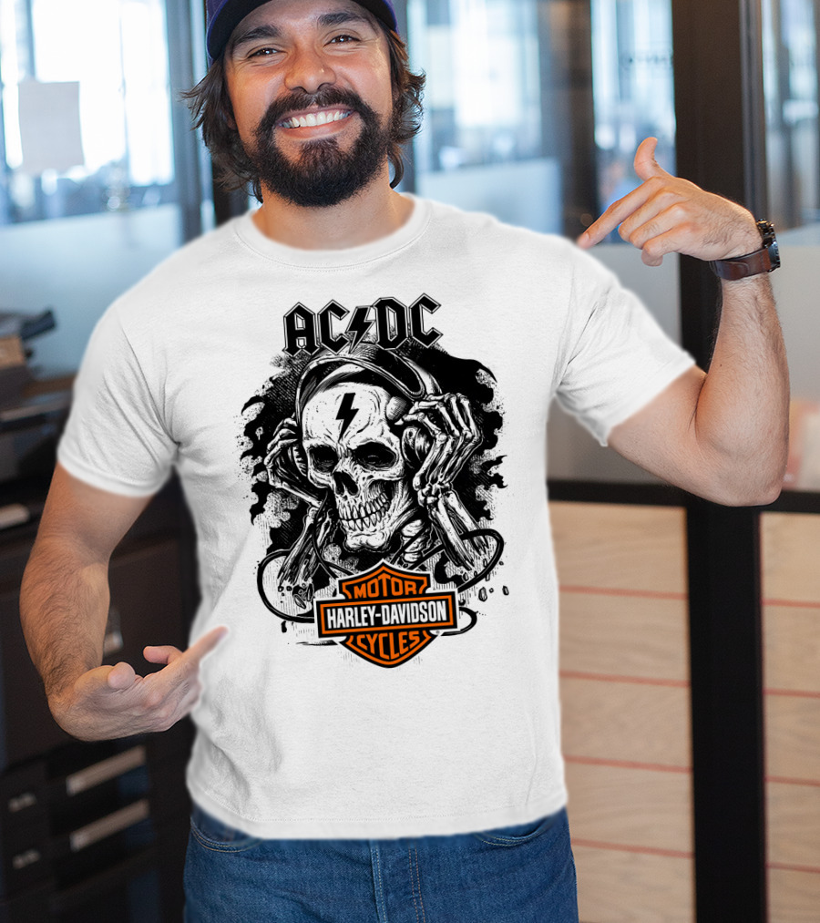 Acdc Harley Davidson Skull With Headphones T-Shirt