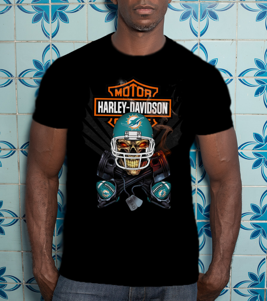Harley Davidson Motor Miami Dolphins Skull Helmet Nfl T-Shirt