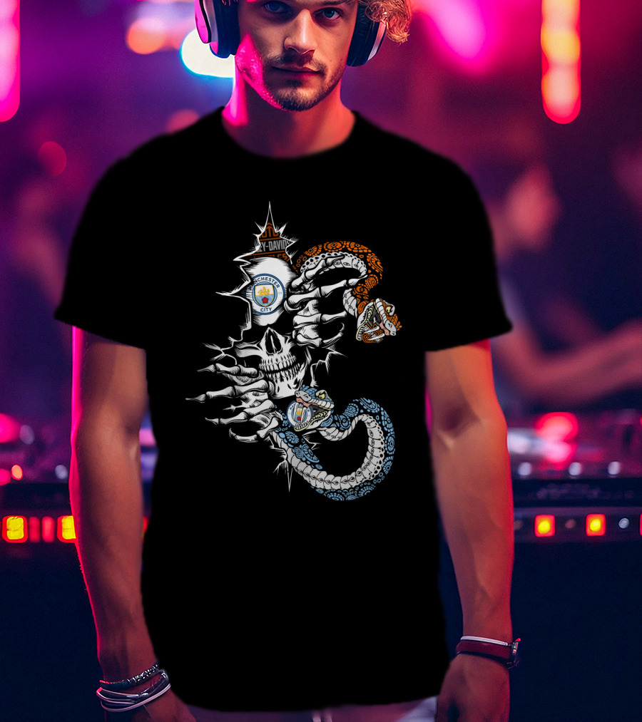 Mc Manchester City Skull With Orange And Blue Snakes T-Shirt
