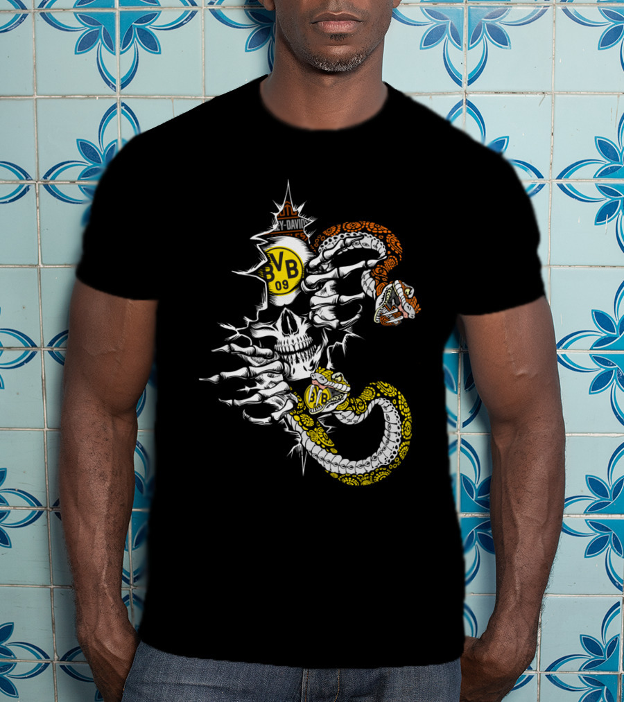 Bvb 09 Skull With Snake And Harley Davidson T-Shirt