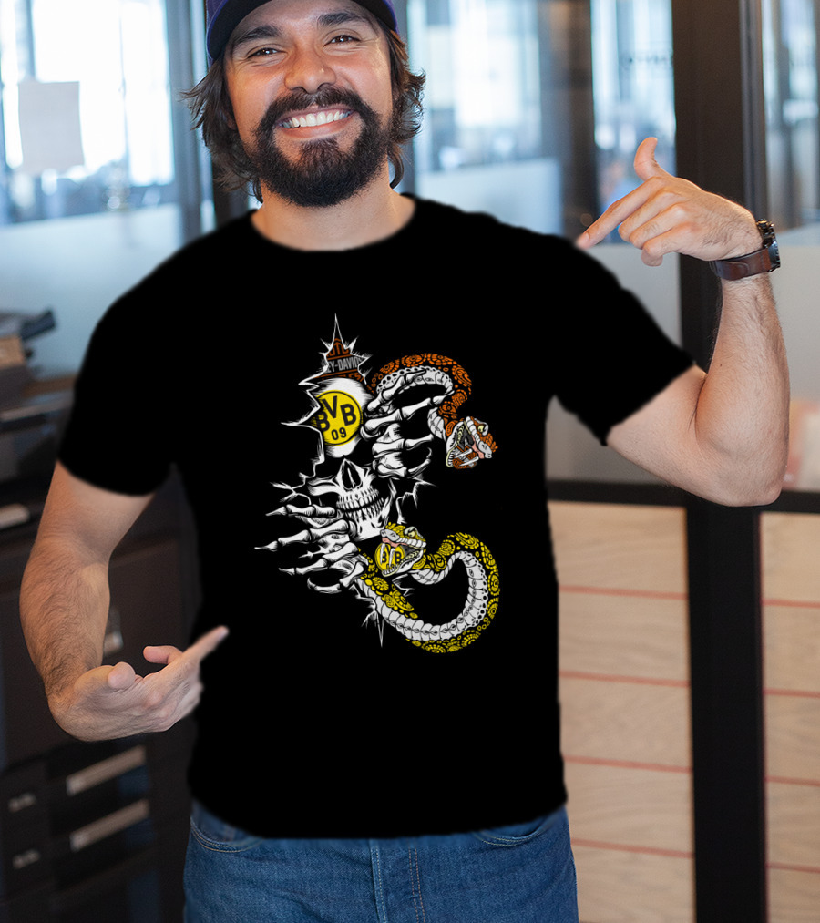 Bvb 09 Skull With Snake And Harley Davidson T-Shirt