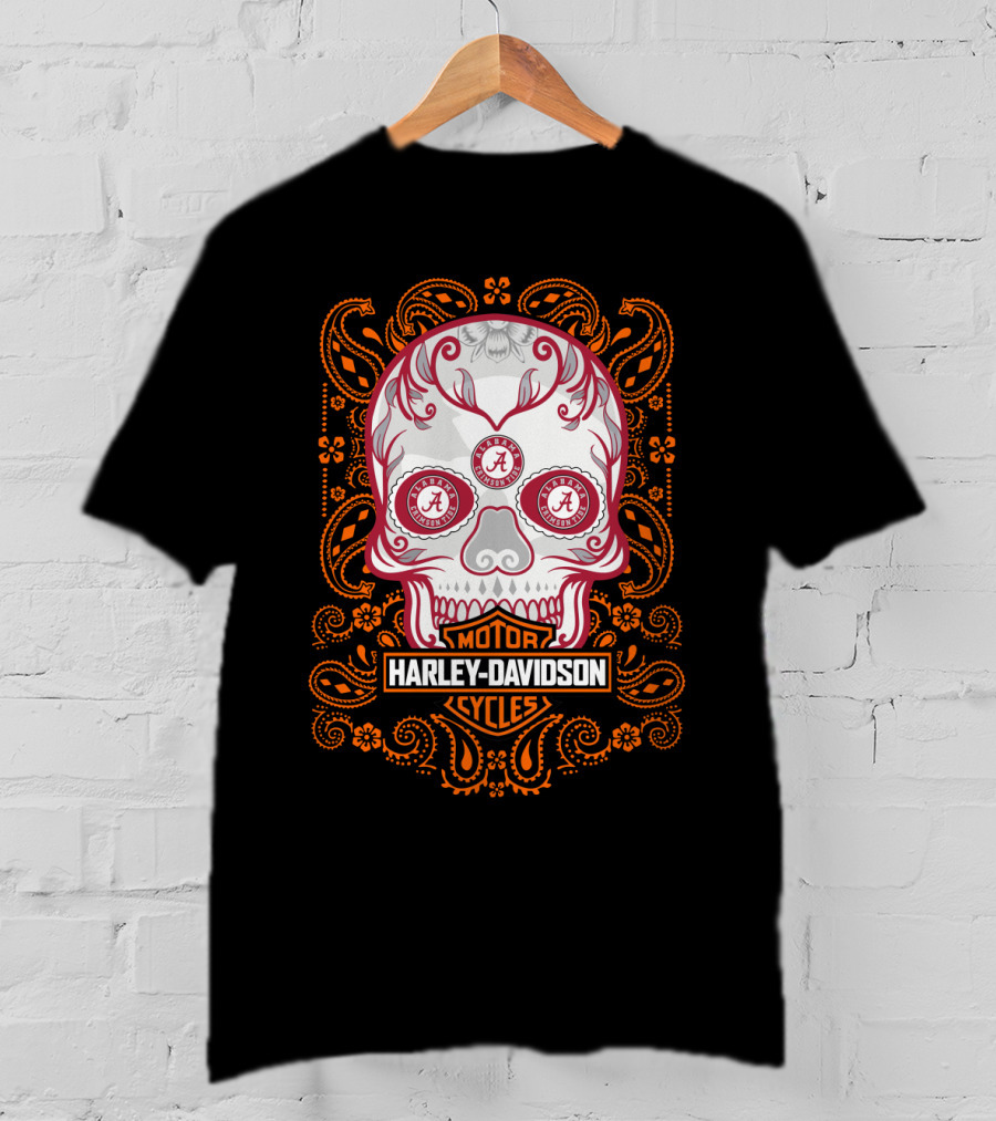 Harley Davidson Motor Cycles Skull Art With Orange Paisley Border T-Shirt