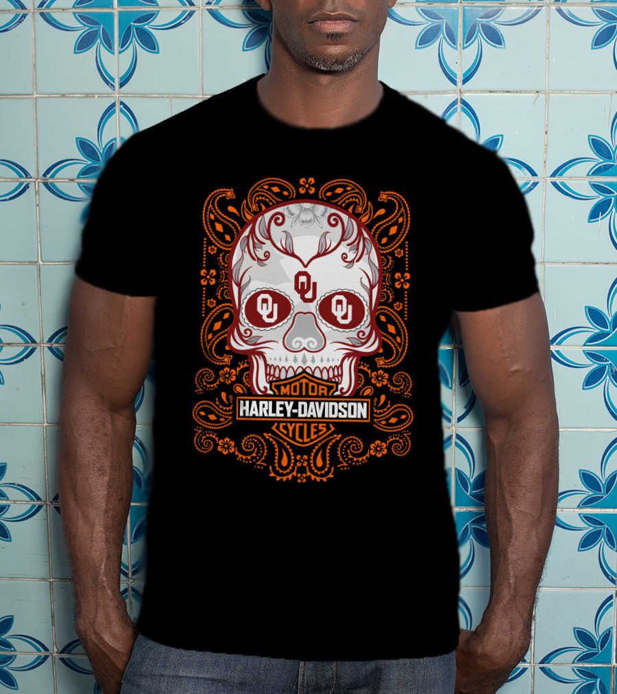 Harley Davidson Ou Skull Design With Paisley Accents T-Shirt
