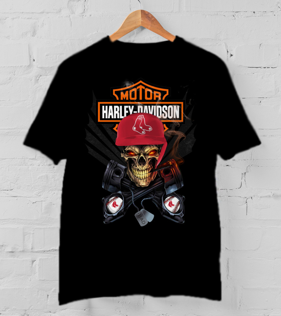 Harley Davidson Skull With Red Sox Baseball Helmet T-Shirt