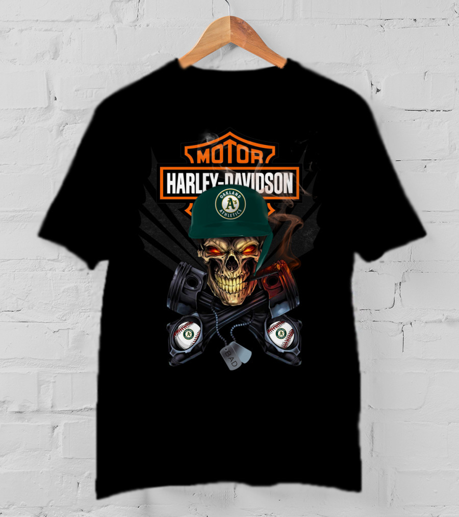 Harley Davidson Oakland Athletics Skull Motor Bad As Baseball Pistons T-Shirt