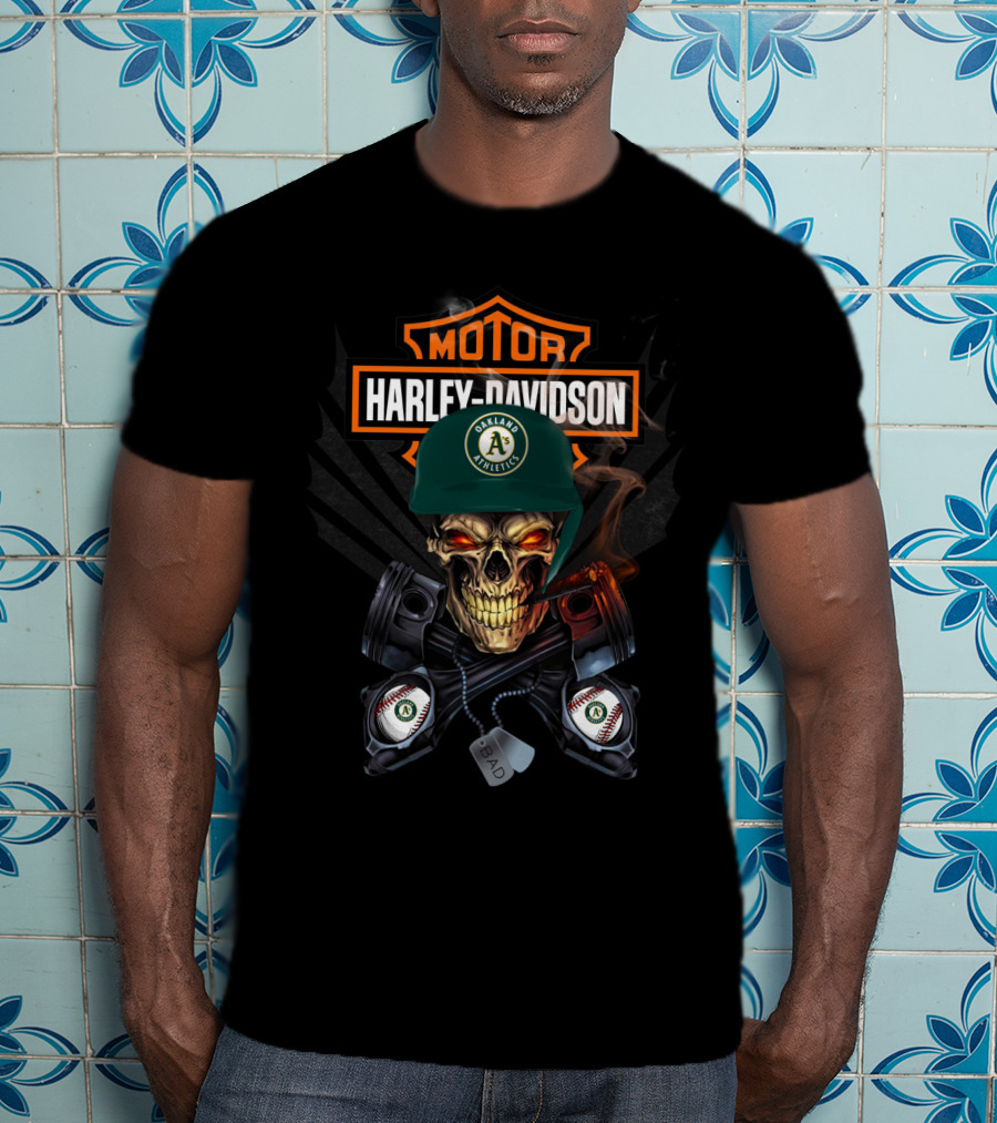 Harley Davidson Oakland Athletics Skull Motor Bad As Baseball Pistons T-Shirt