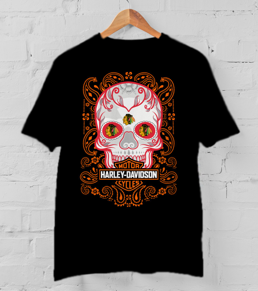 Harley Davidson Motor Cycles Nhl Chicago Blackhawks Skull Design 102 T-Shirt