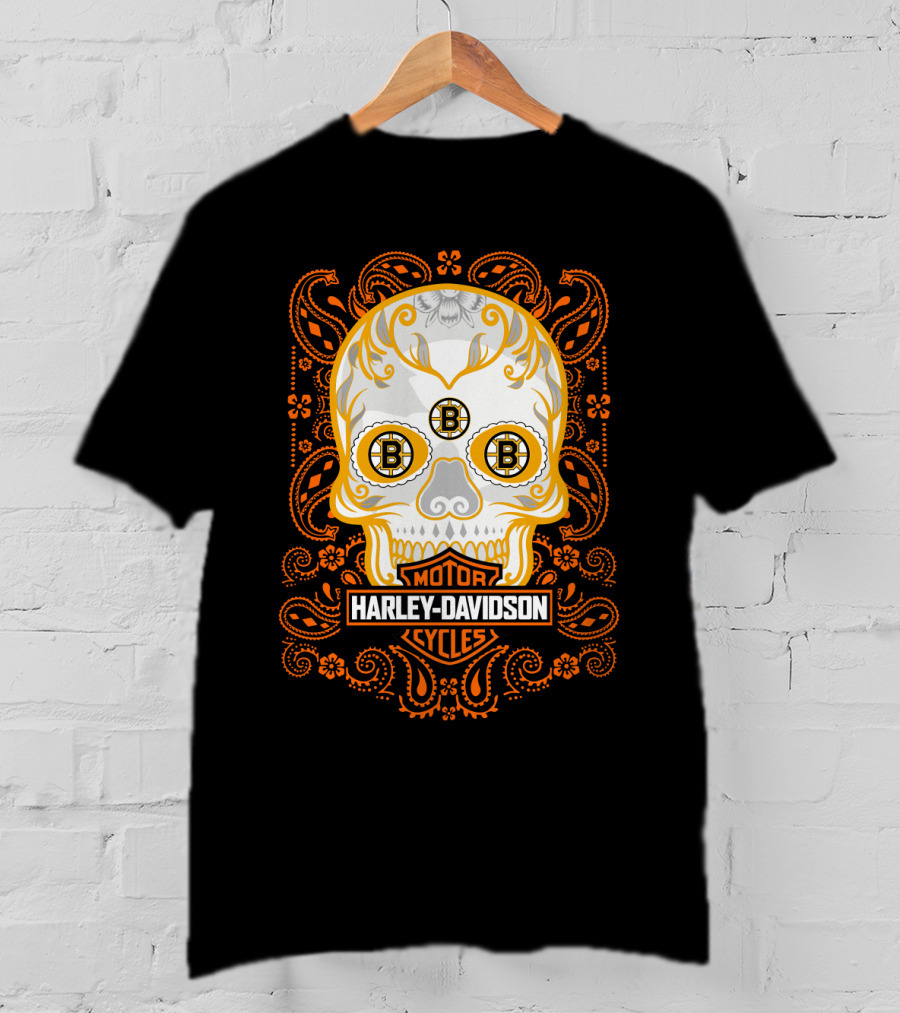 Harley Davidson Motor Cycles Boston Bruins Nhl Sugar Skull T-Shirt