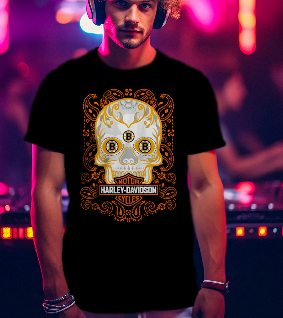 Harley Davidson Motor Cycles Boston Bruins Nhl Sugar Skull T-Shirt
