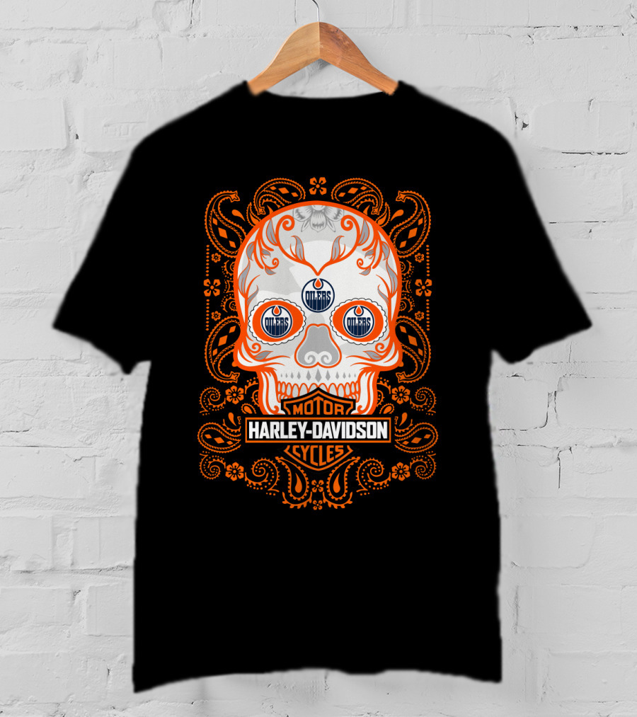 Harley Davidson Motor Cycles Oilers Nhl Skull T-Shirt