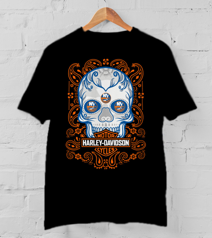 New York Islanders Harley Davidson Skull Motorcycles T-Shirt