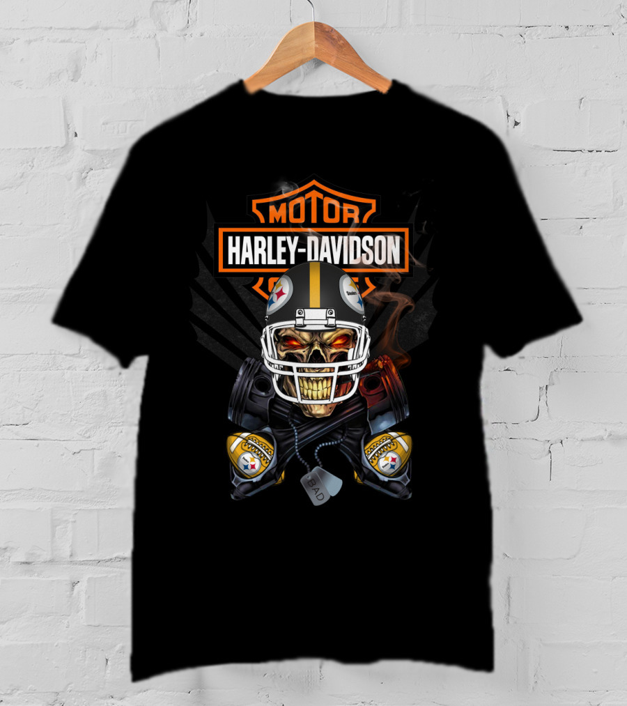 Harley Davidson Pittsburgh Steelers Skeleton Helmet Bad Dog Tags T-Shirt