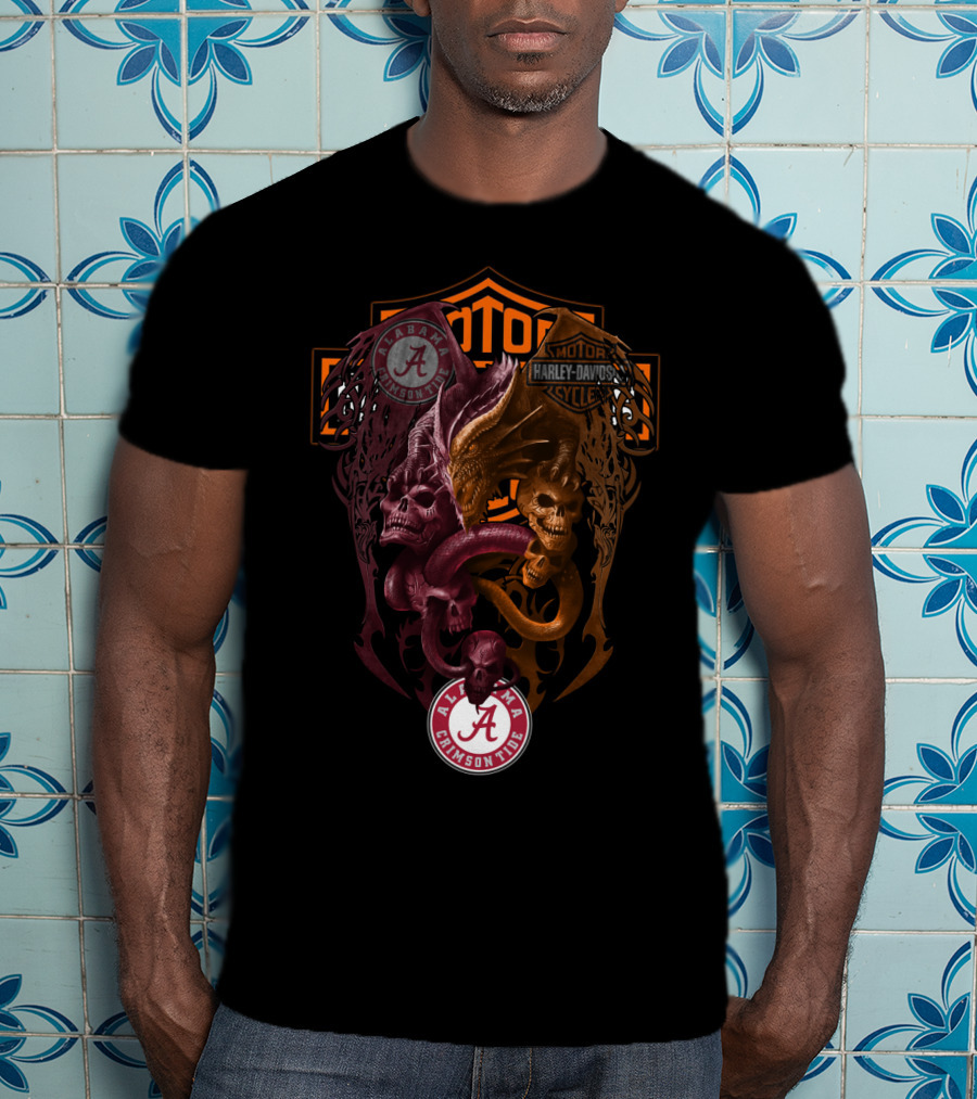 Alabama Crimson Tide Harley Davidson Skulls And Serpents T-Shirt