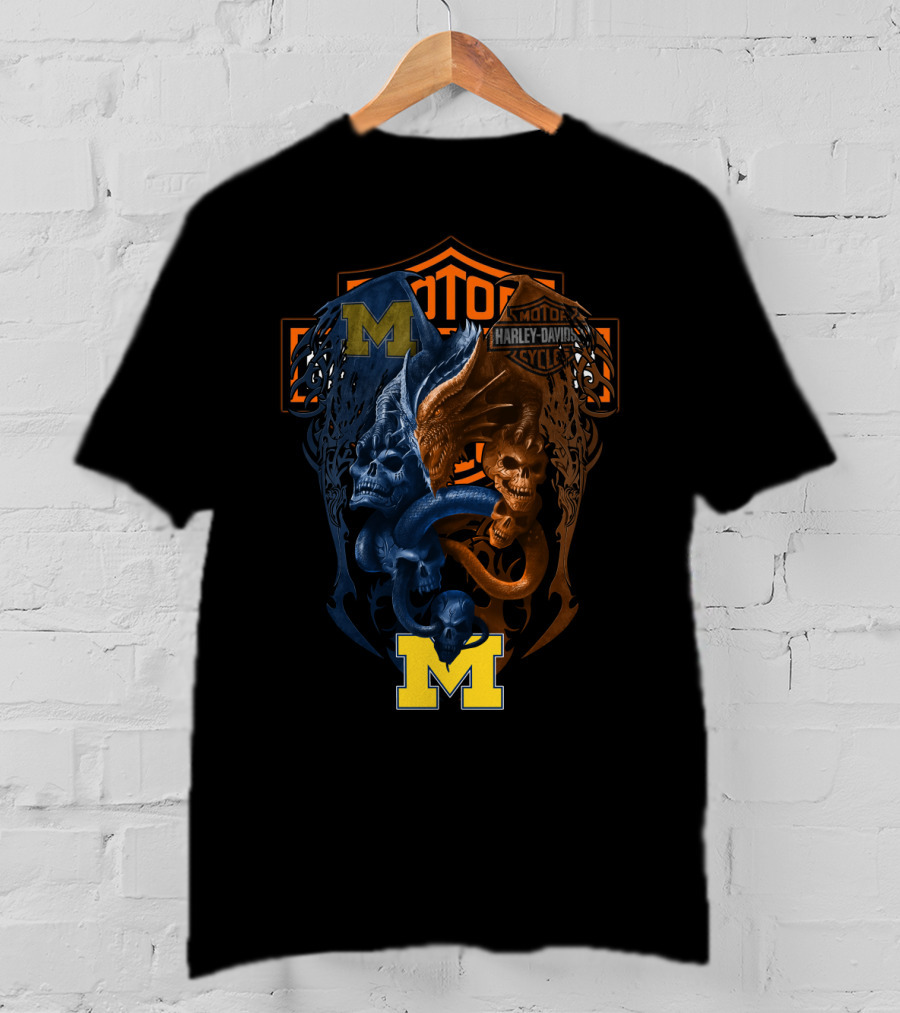 M Michigan Harley Davidson Skull And Dragon Crest T-Shirt