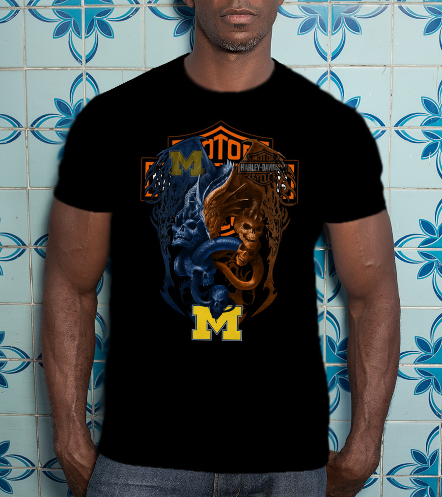 M Michigan Harley Davidson Skull And Dragon Crest T-Shirt