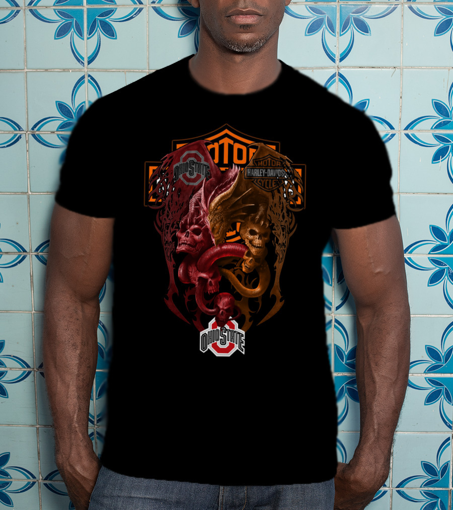 Ohio State Harley Davidson Skull Dragons Ncaa T-Shirt