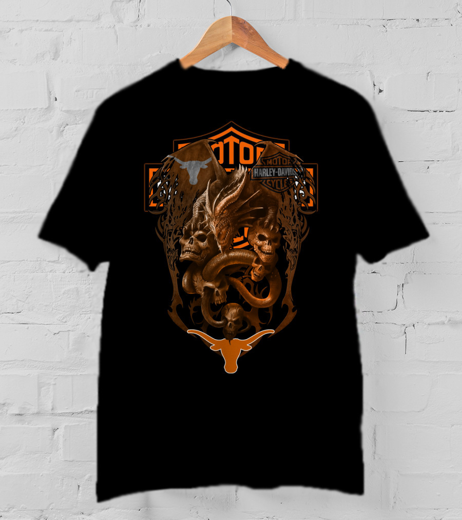 Harley Davidson Motorcycles Ncaa Texas Longhorns Skull Dragon T-Shirt