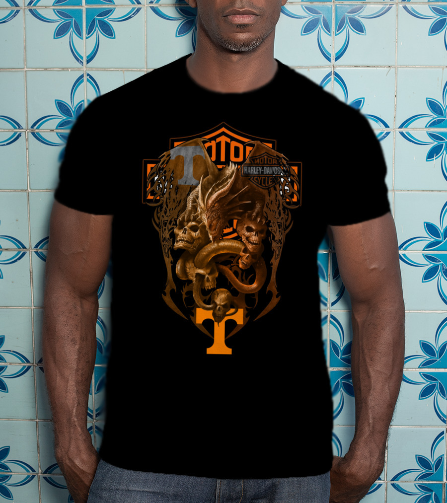 Harley Davidson Dragon Skulls And Serpent With Tennessee Vols Ncaa T-Shirt