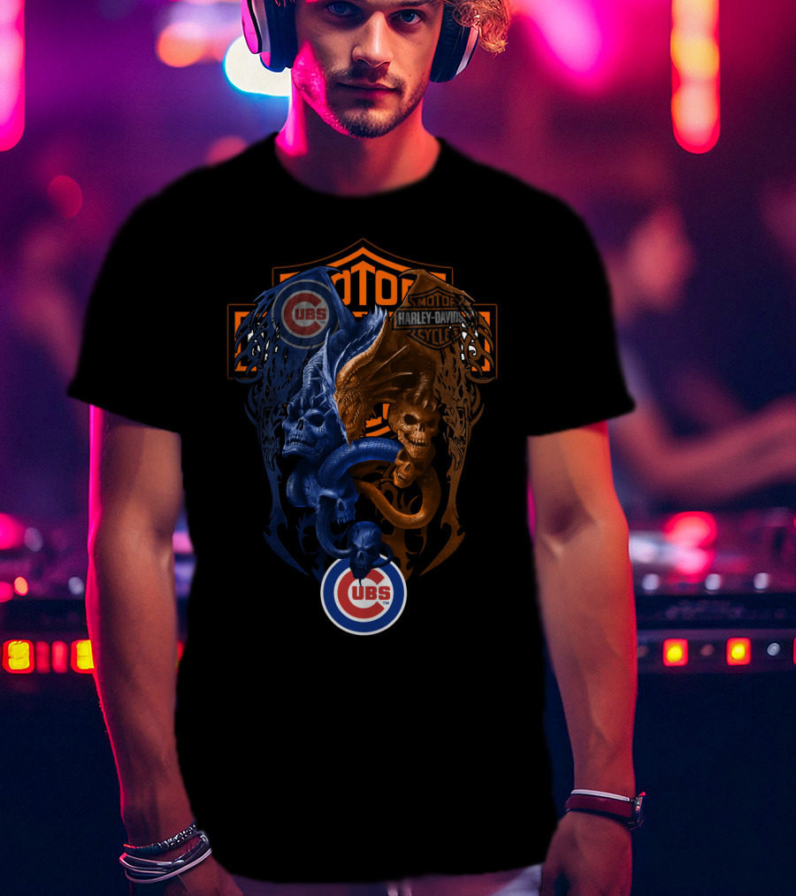 Mlb Cubs Harley Davidson Dual Skull Serpent T-Shirt