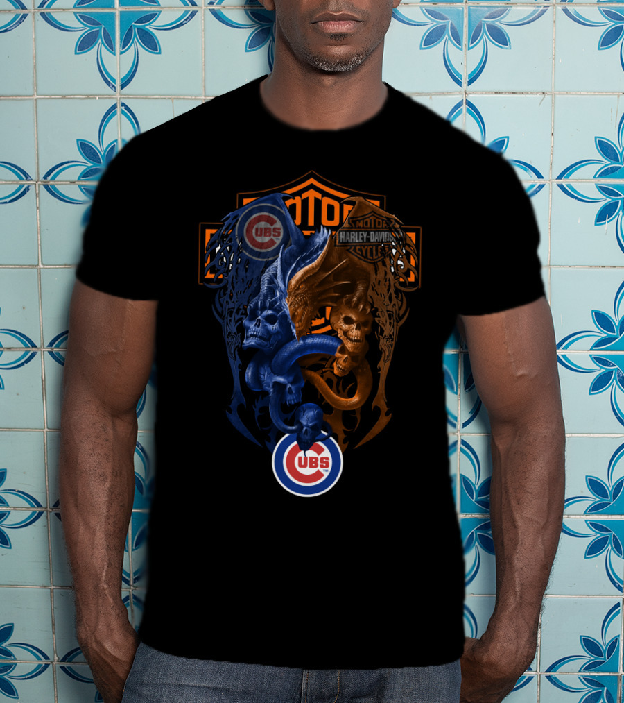 Mlb Cubs Harley Davidson Dual Skull Serpent T-Shirt