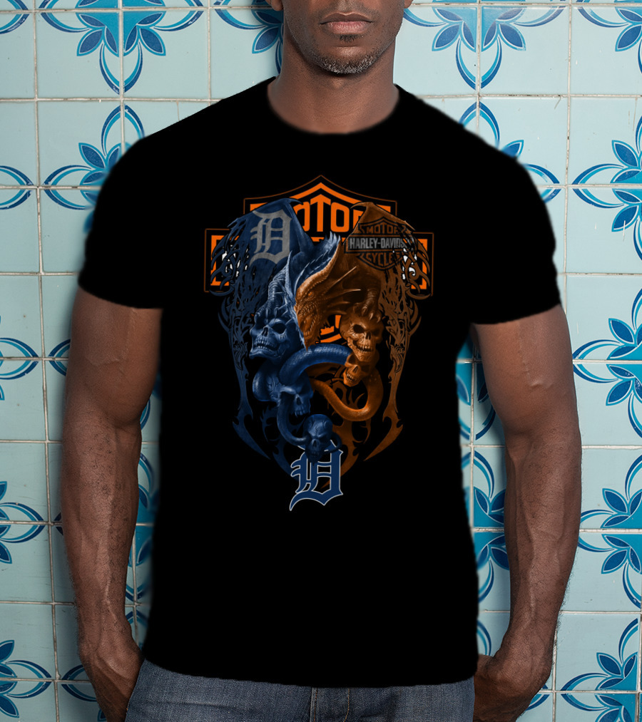 Mlb Dt Harley Davidson Detroit Tigers Skeleton Dragon T-Shirt