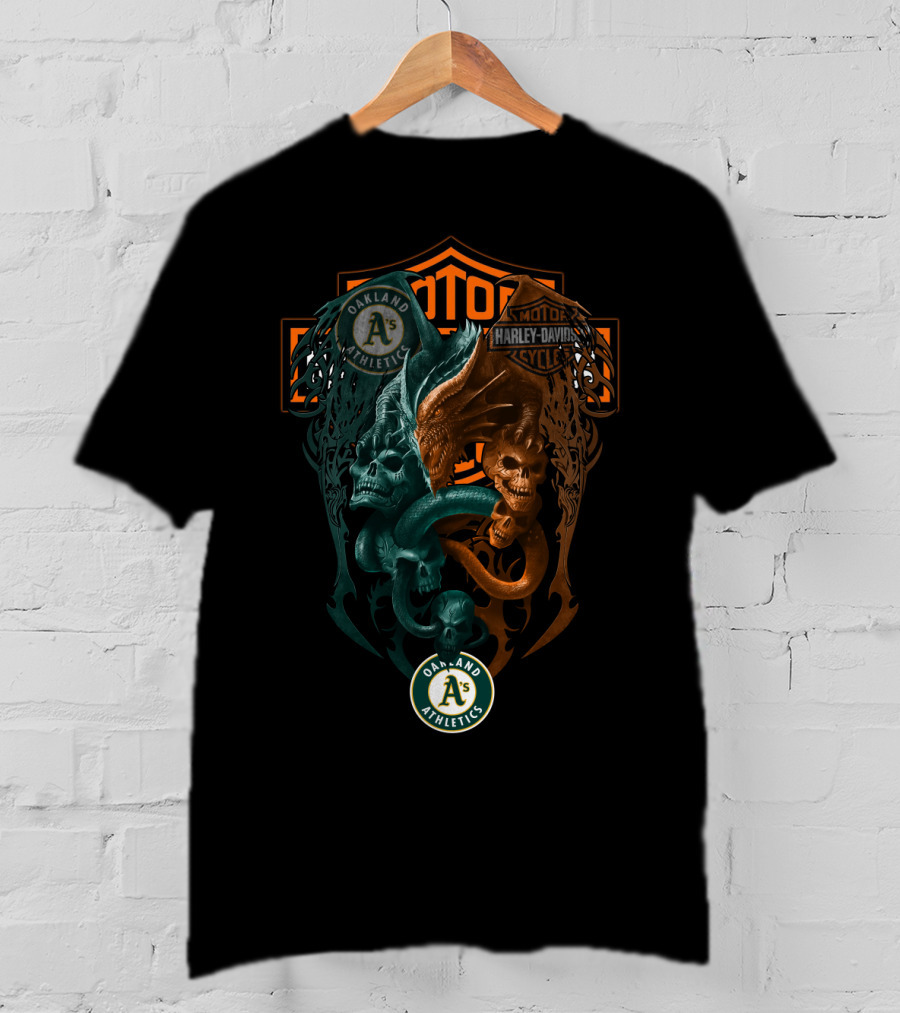 Oakland Athletics Harley Davidson Motorcycles Dual Skull Serpents T-Shirt