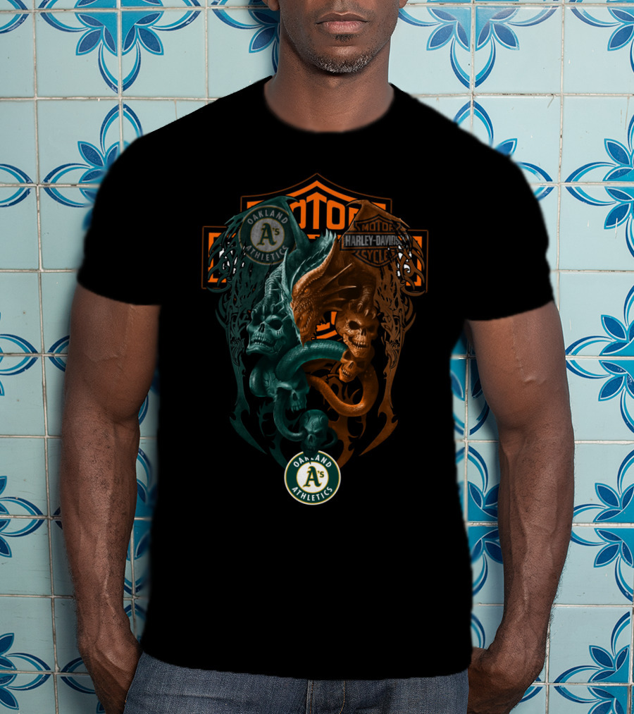 Oakland Athletics Harley Davidson Motorcycles Dual Skull Serpents T-Shirt
