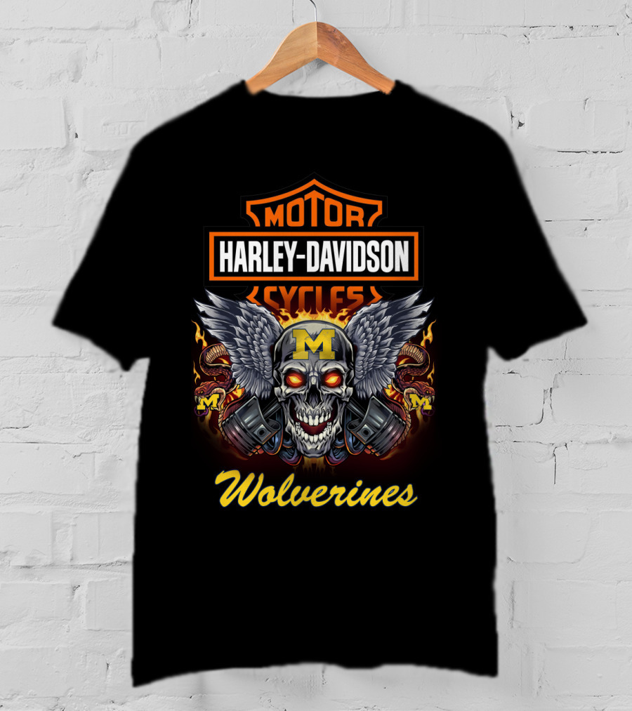 Harley Davidson Motor Cycles Michigan Wolverines Skull Wings T-Shirt
