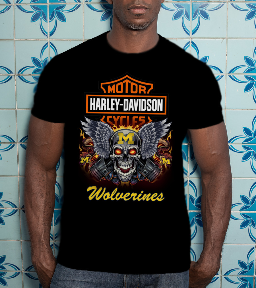 Harley Davidson Motor Cycles Michigan Wolverines Skull Wings T-Shirt
