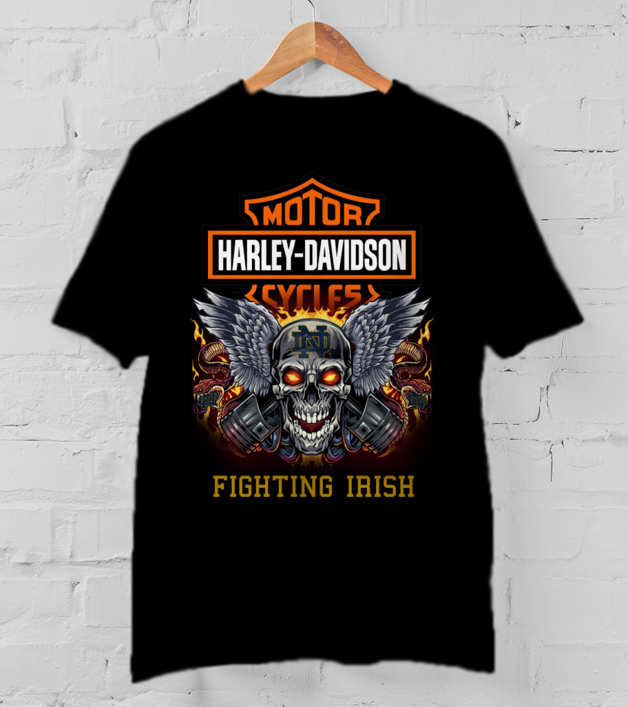 Harley Davidson Cycles Notre Dame Fighting Irish Skull With Wings And Engine Pistons T-Shirt