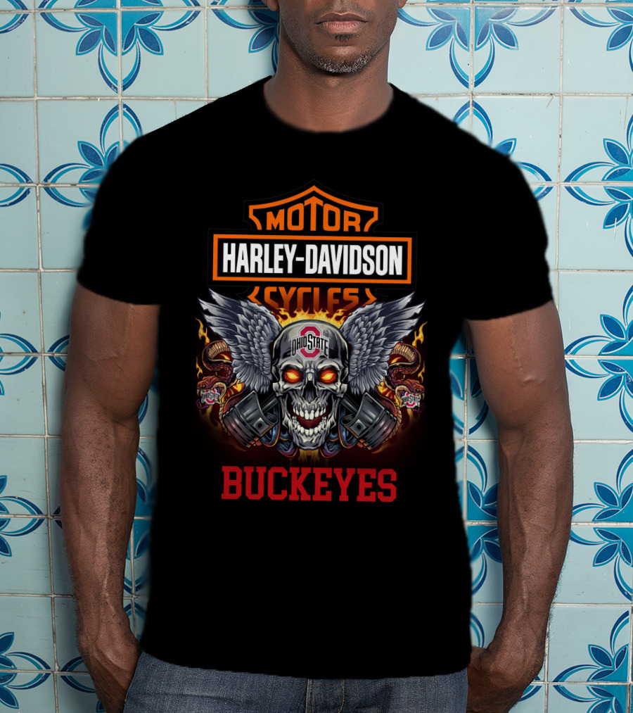 Motor Harley Davidson Cycles Ohio State Buckeyes Skull Wings T-Shirt