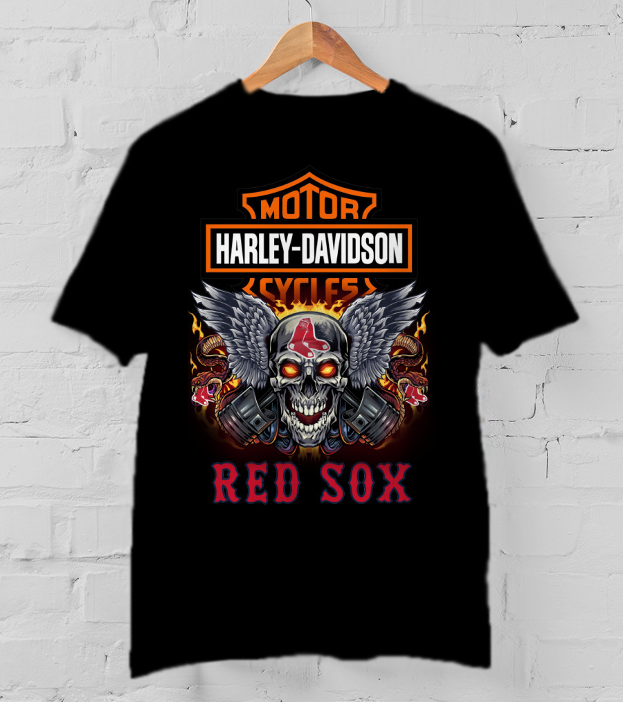 Harley Davidson Cycles Red Sox Skull Wings T-Shirt