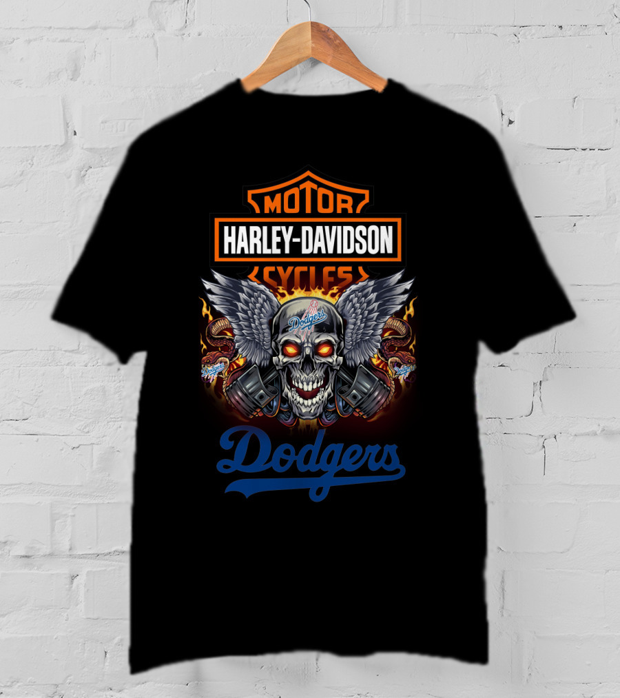 Motor Harley Davidson Cycles Dodgers Skull Wings Flames T-Shirt