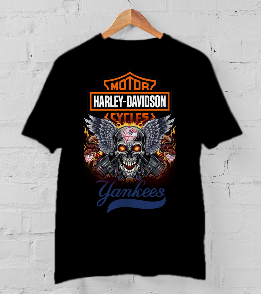 Harley Davidson Motor Cycles Yankees Skull Wings T-Shirt