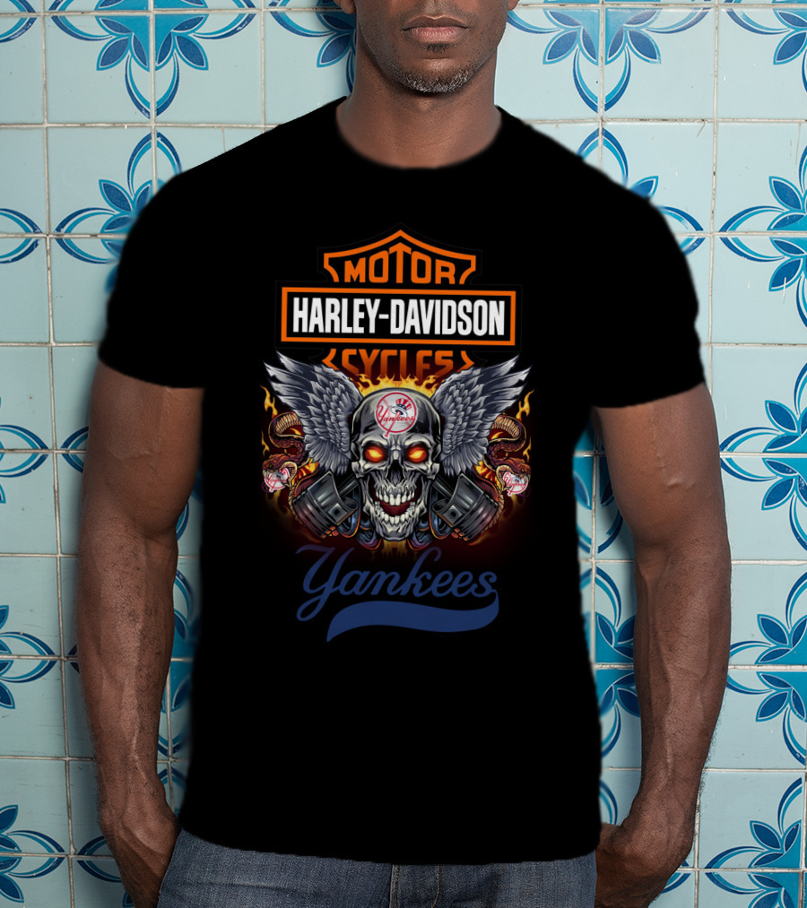 Harley Davidson Motor Cycles Yankees Skull Wings T-Shirt