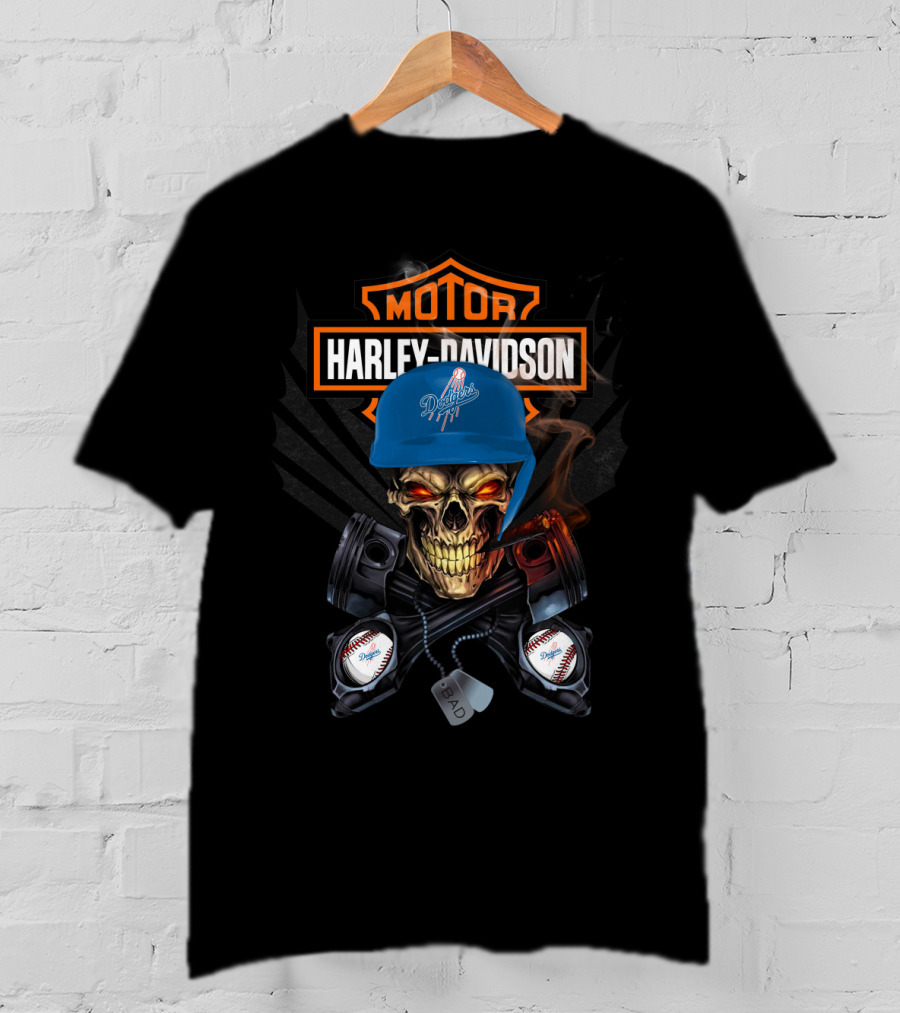 Harley Davidson Los Angeles Dodgers Skull Motor Biker Baseball T-Shirt