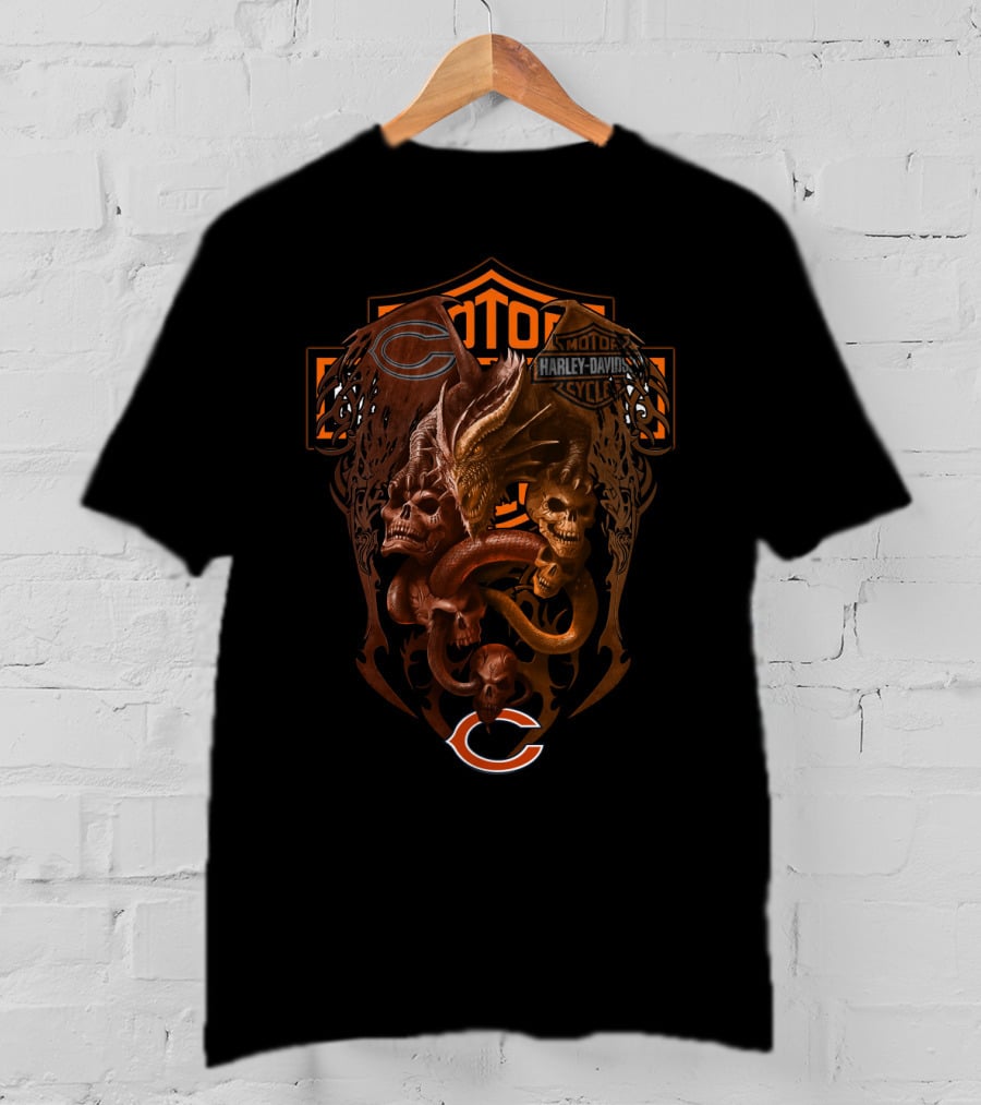 Harley Davidson Chicago Bears Dragon Skull Snake Crest T-Shirt