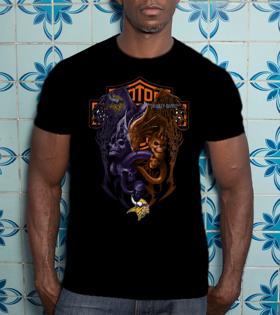 Minnesota Vikings Harley Davidson Skull Serpent Emblem 108 Nfl Mv T-Shirt