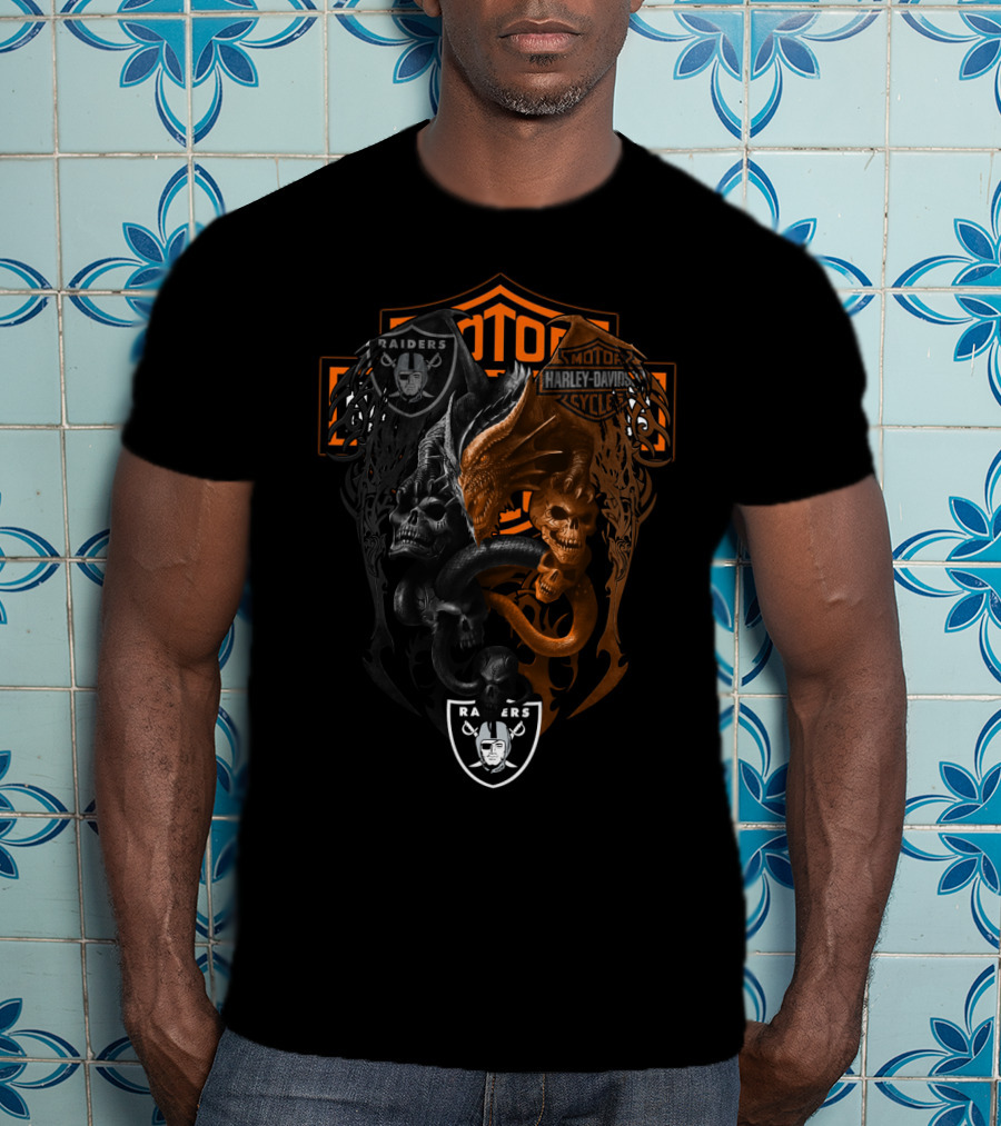 Raiders Harley Davidson Motors Skeleton Skull Dual T-Shirt