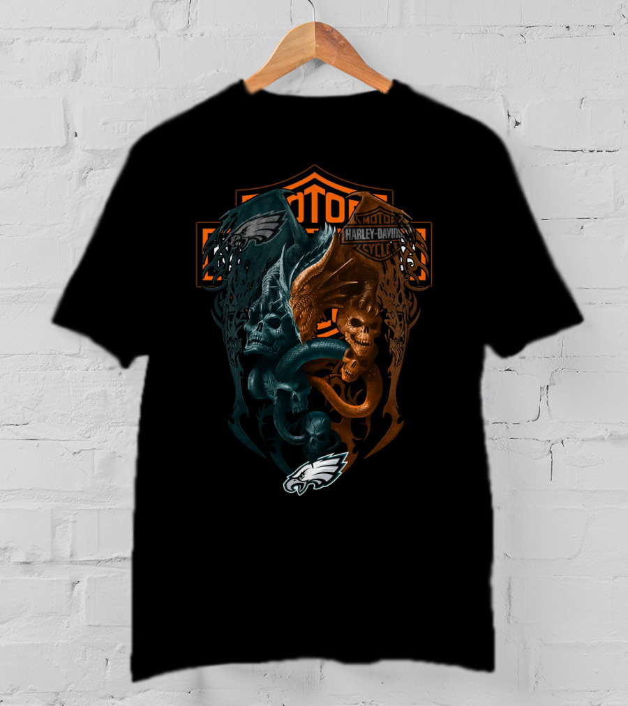 Philadelphia Eagles Harley Davidson Nfl Skull And Wings T-Shirt