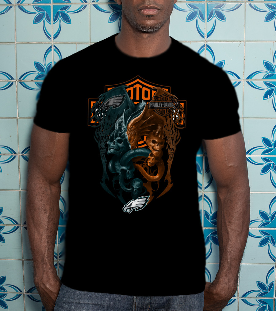 Philadelphia Eagles Harley Davidson Nfl Skull And Wings T-Shirt