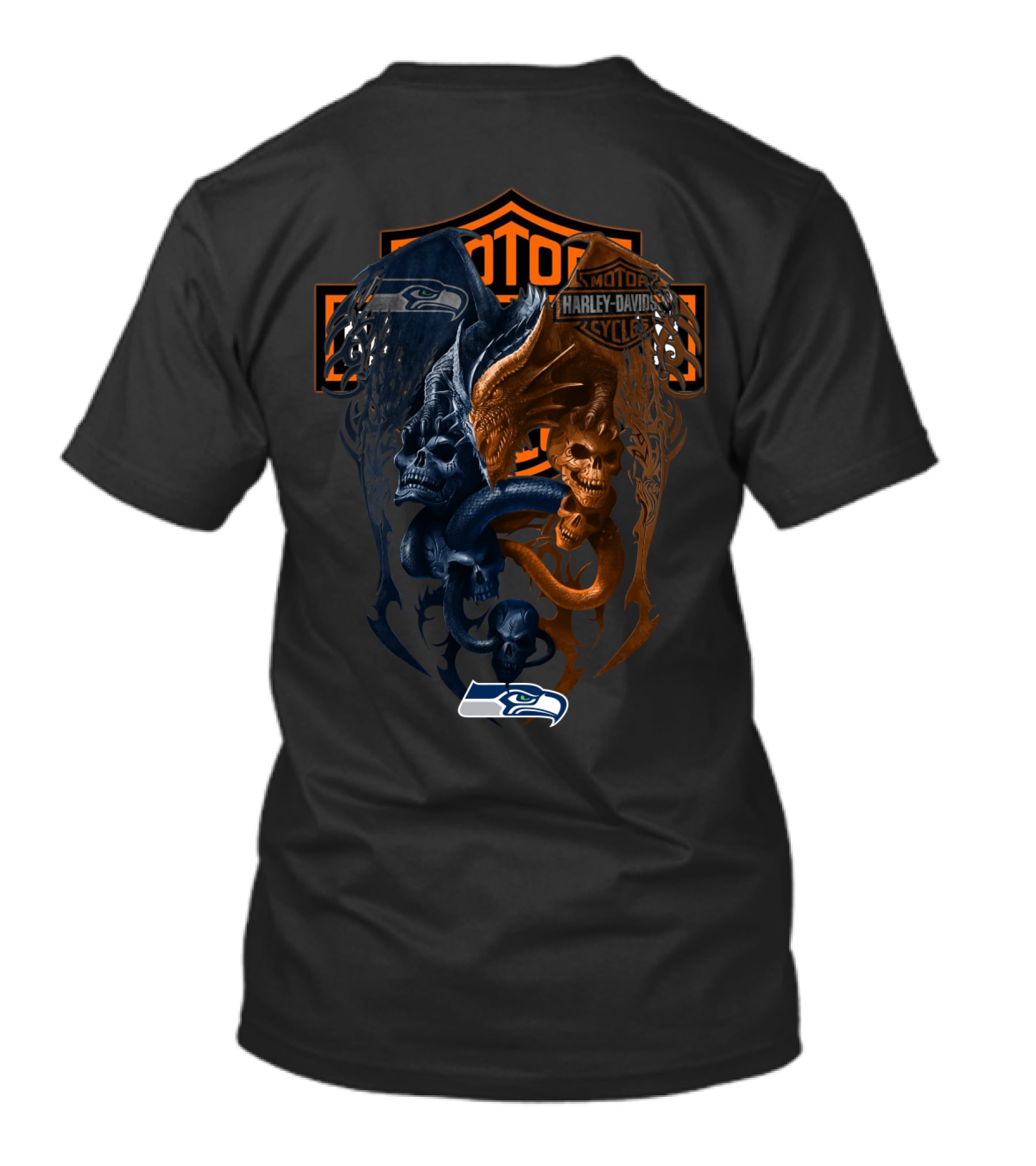 Seattle Seahawks Harley Davidson Dual Dragon Skull T-Shirt