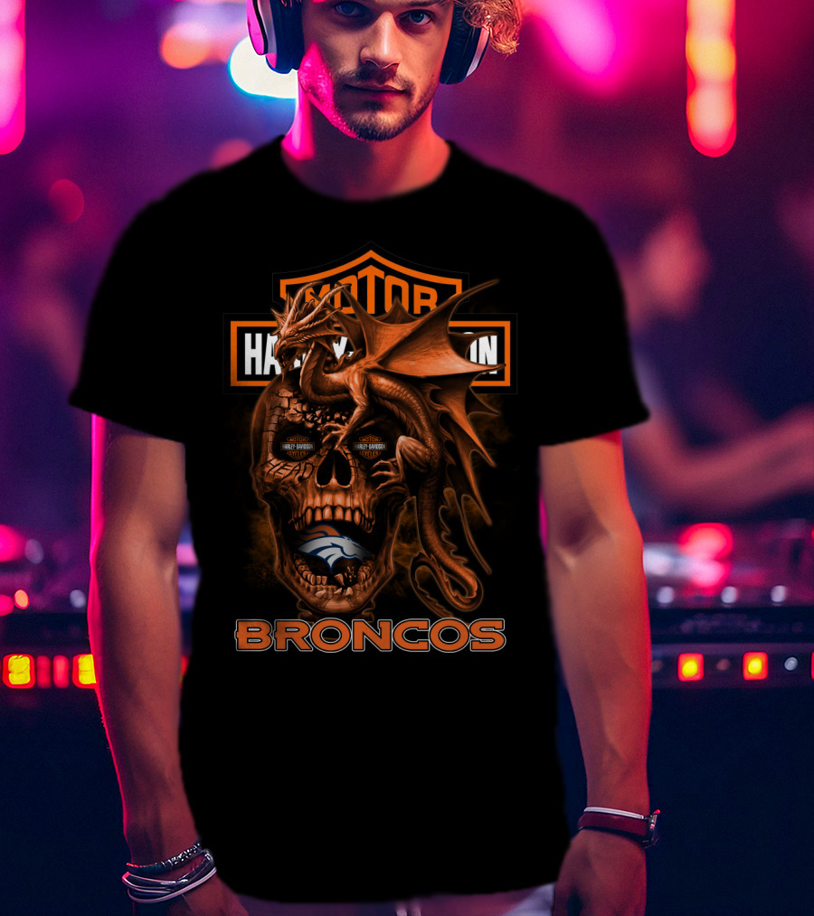 Motor Harley Davidson Cycles Denver Broncos Dragon Skull T-Shirt
