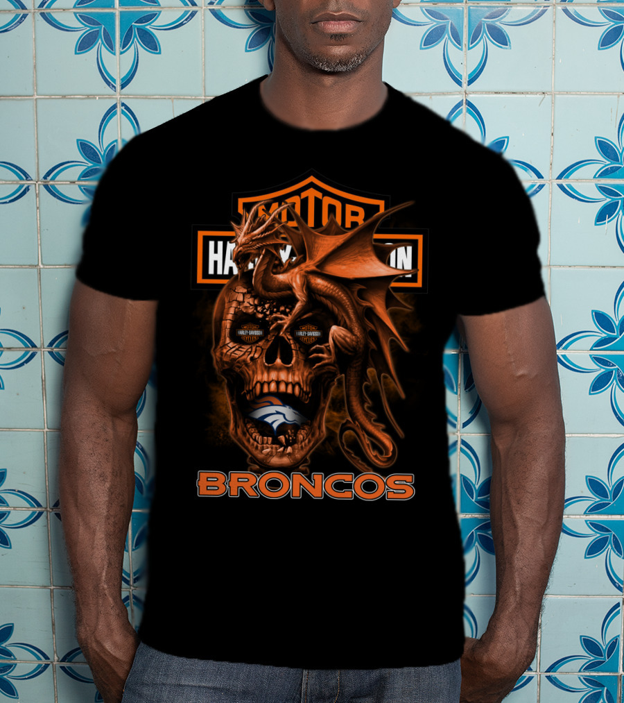 Motor Harley Davidson Cycles Denver Broncos Dragon Skull T-Shirt