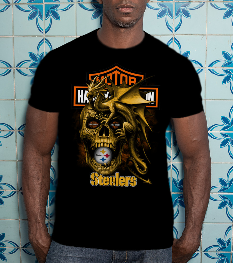 Motor Harley Davidson Steelers Dragon Skull Pittsburgh T-Shirt
