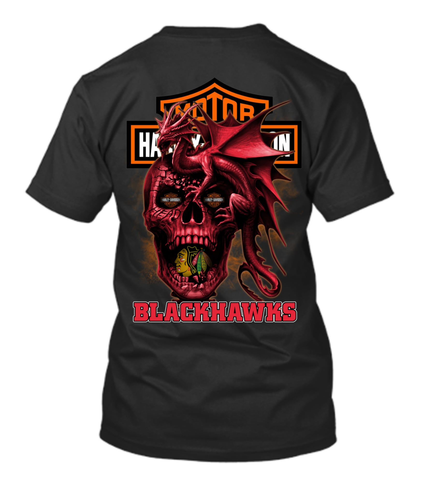 Chicago Blackhawks Red Dragon Skull With Harley Davidson Styles T-Shirt