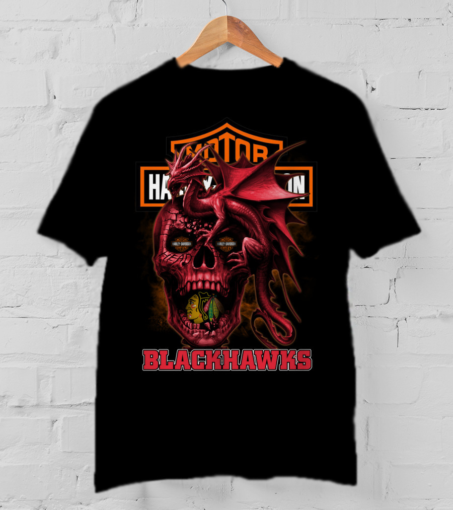 Chicago Blackhawks Red Dragon Skull With Harley Davidson Styles T-Shirt