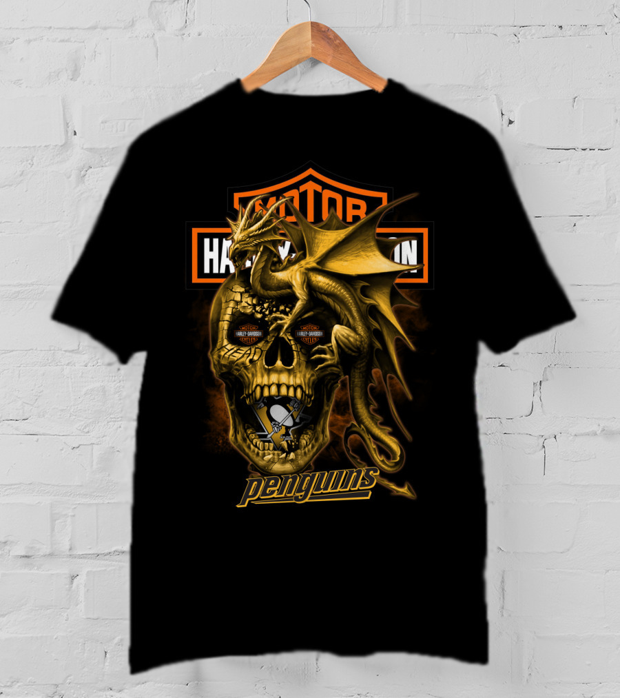 Pittsburgh Penguins Motor Harley Davidson Cycles Dragon Skull T-Shirt
