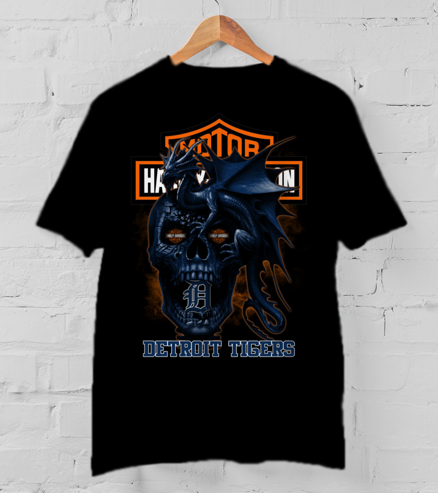 Detroit Tigers Harley Davidson Skull Dragon T-Shirt